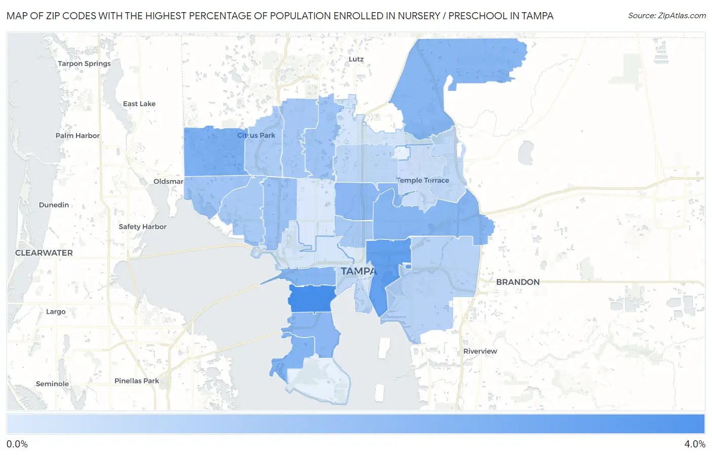 Zip Codes with the Highest Percentage of Population Enrolled in Nursery / Preschool in Tampa Map
