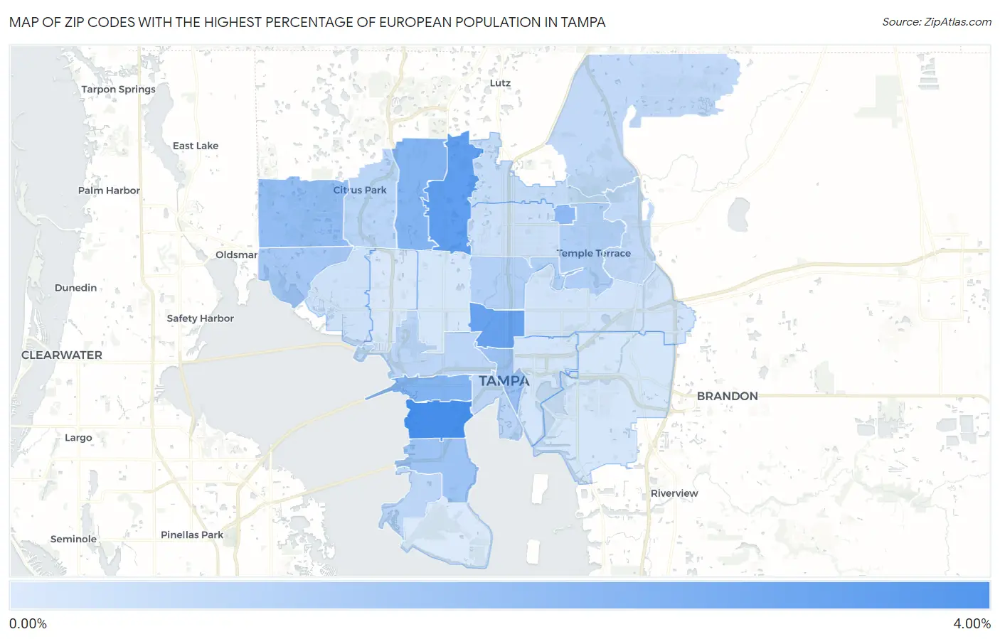 Zip Codes with the Highest Percentage of European Population in Tampa Map
