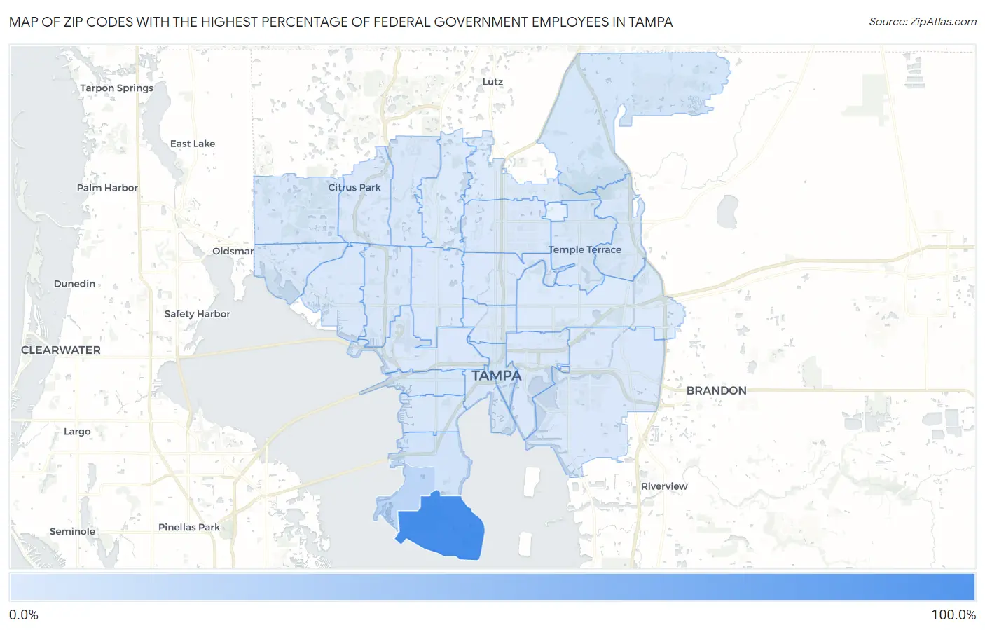 Zip Codes with the Highest Percentage of Federal Government Employees in Tampa Map