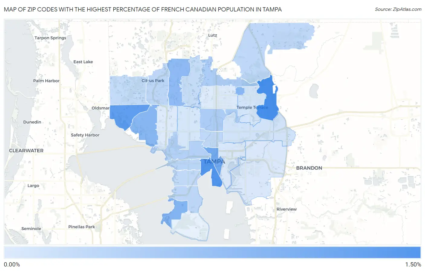 Zip Codes with the Highest Percentage of French Canadian Population in Tampa Map