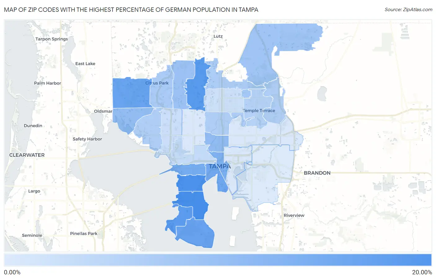 Zip Codes with the Highest Percentage of German Population in Tampa Map
