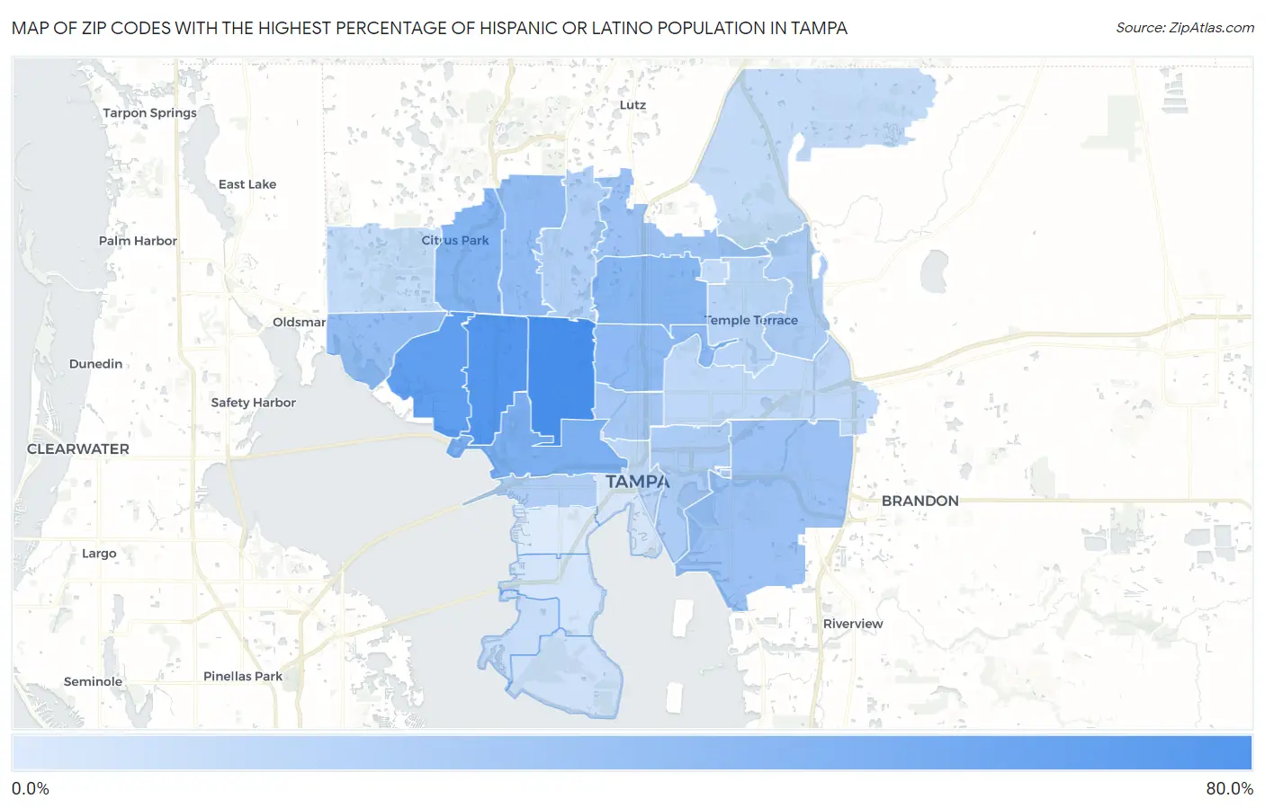 Zip Codes with the Highest Percentage of Hispanic or Latino Population in Tampa Map
