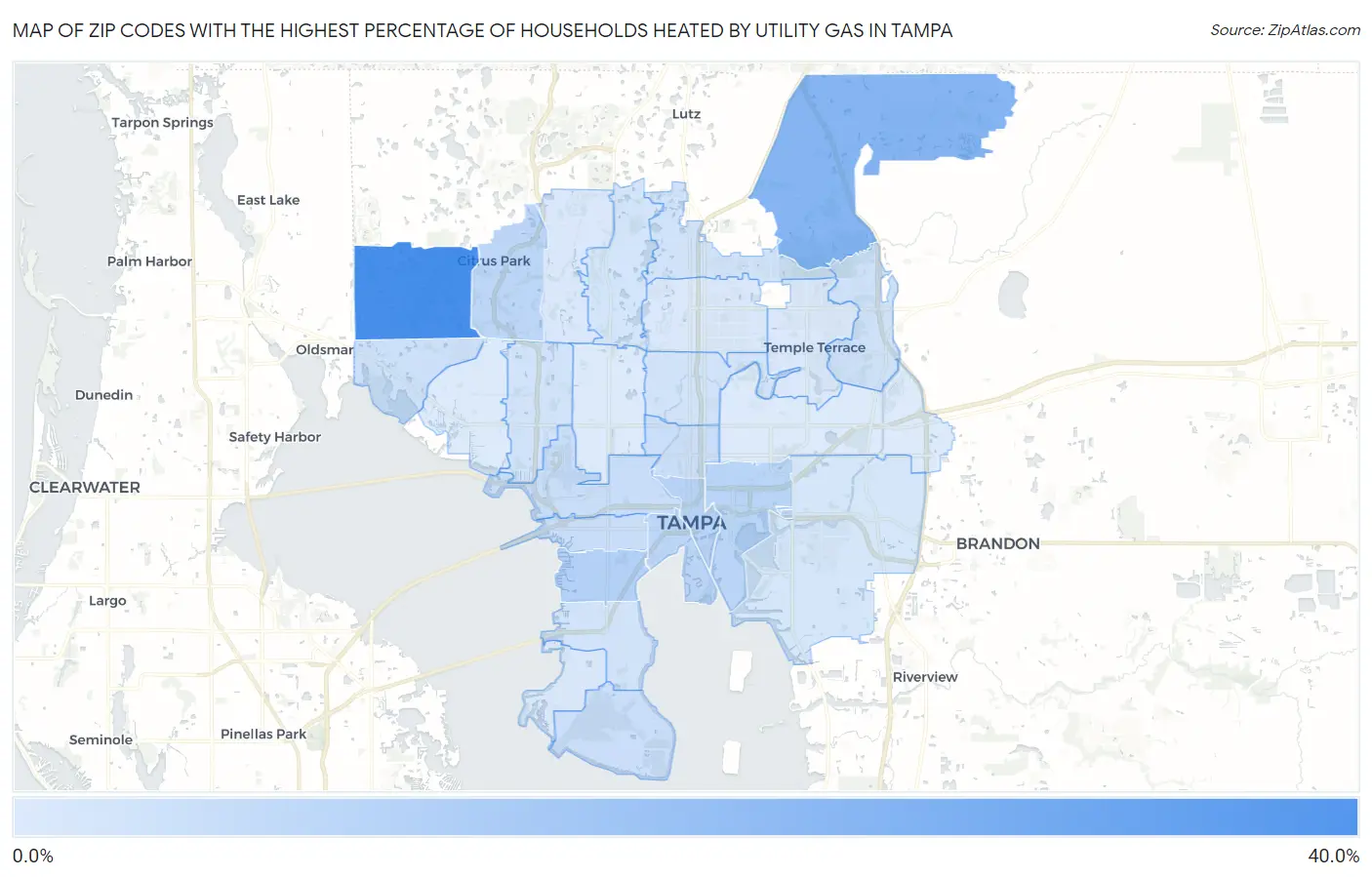 Zip Codes with the Highest Percentage of Households Heated by Utility Gas in Tampa Map