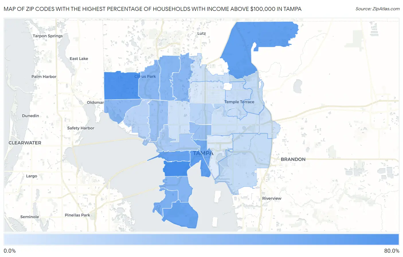 Zip Codes with the Highest Percentage of Households with Income Above $100,000 in Tampa Map
