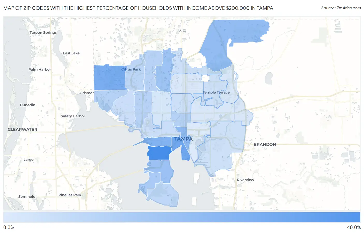 Zip Codes with the Highest Percentage of Households with Income Above $200,000 in Tampa Map