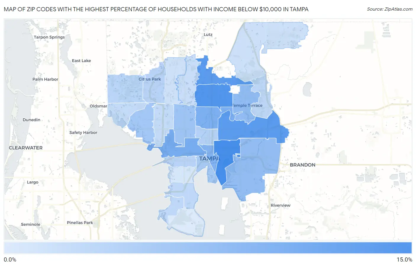 Zip Codes with the Highest Percentage of Households with Income Below $10,000 in Tampa Map