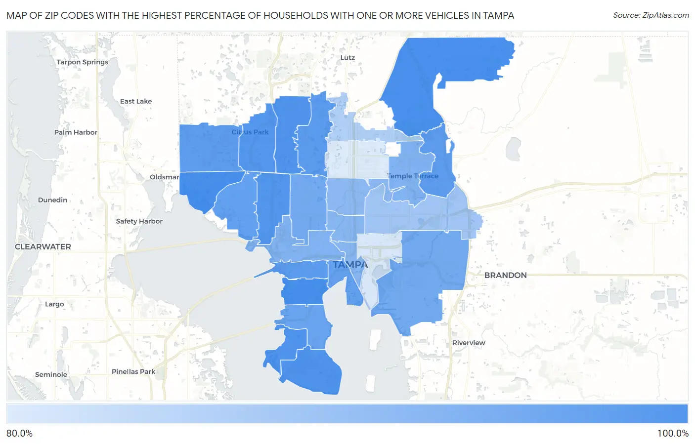 Zip Codes with the Highest Percentage of Households With One or more Vehicles in Tampa Map