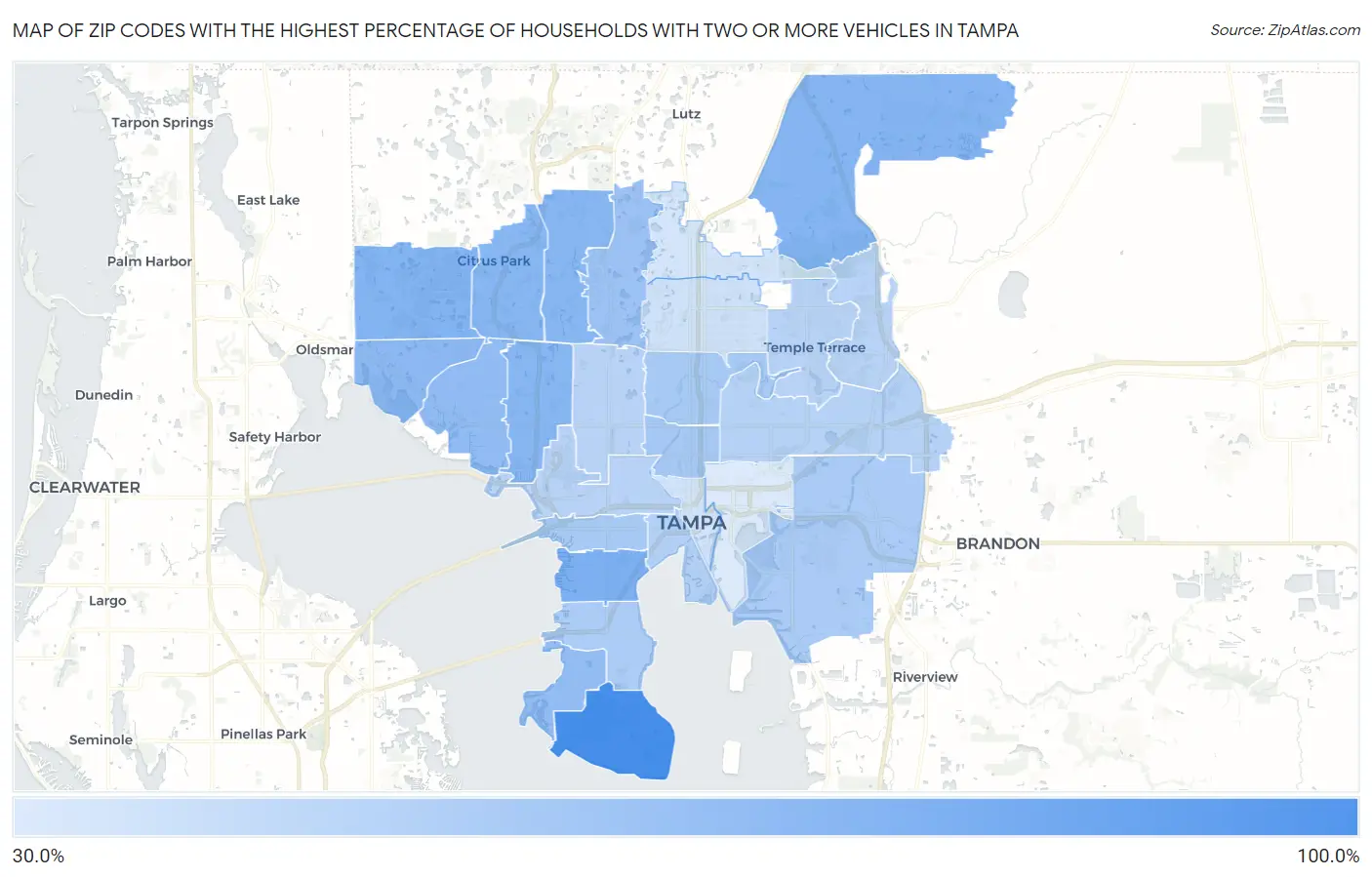 Zip Codes with the Highest Percentage of Households With Two or more Vehicles in Tampa Map