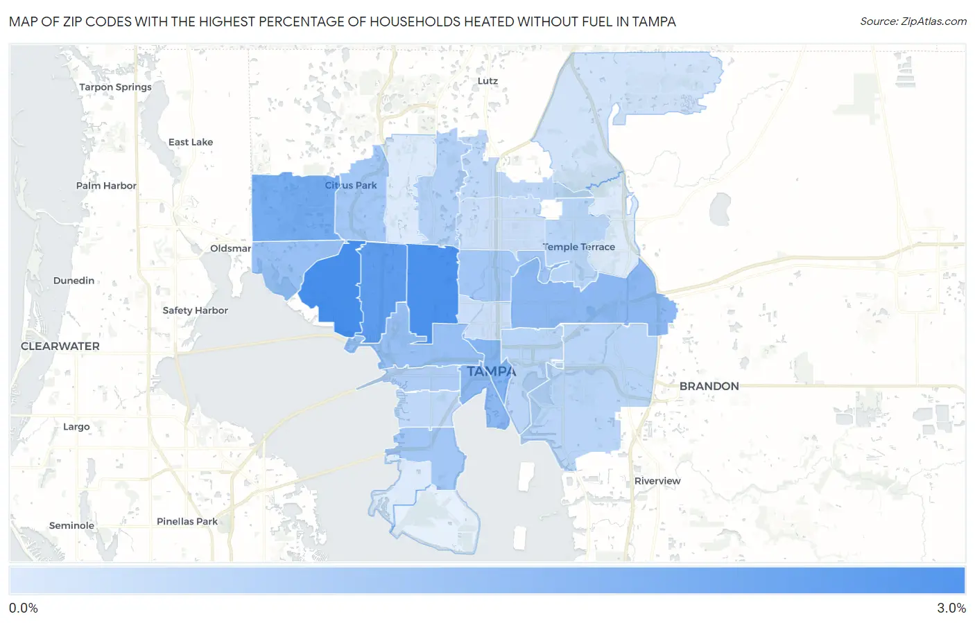Zip Codes with the Highest Percentage of Households Heated without Fuel in Tampa Map