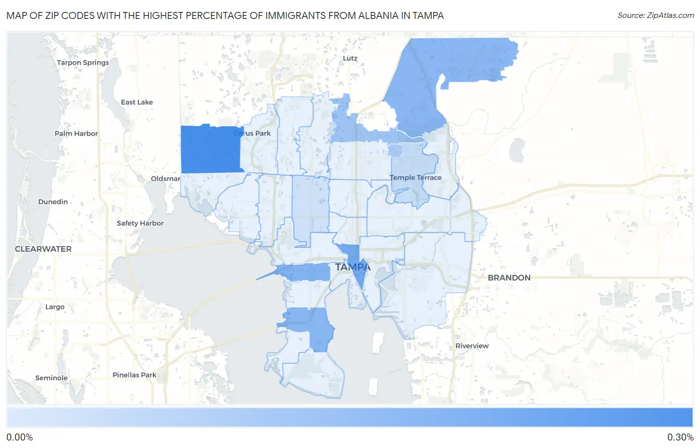 Zip Codes with the Highest Percentage of Immigrants from Albania in Tampa Map