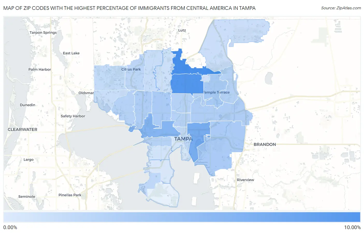 Zip Codes with the Highest Percentage of Immigrants from Central America in Tampa Map