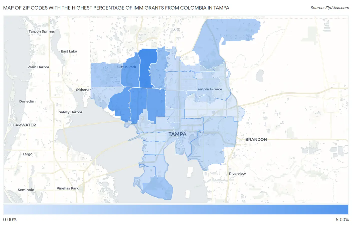 Zip Codes with the Highest Percentage of Immigrants from Colombia in Tampa Map