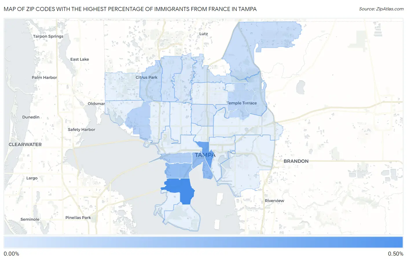 Zip Codes with the Highest Percentage of Immigrants from France in Tampa Map