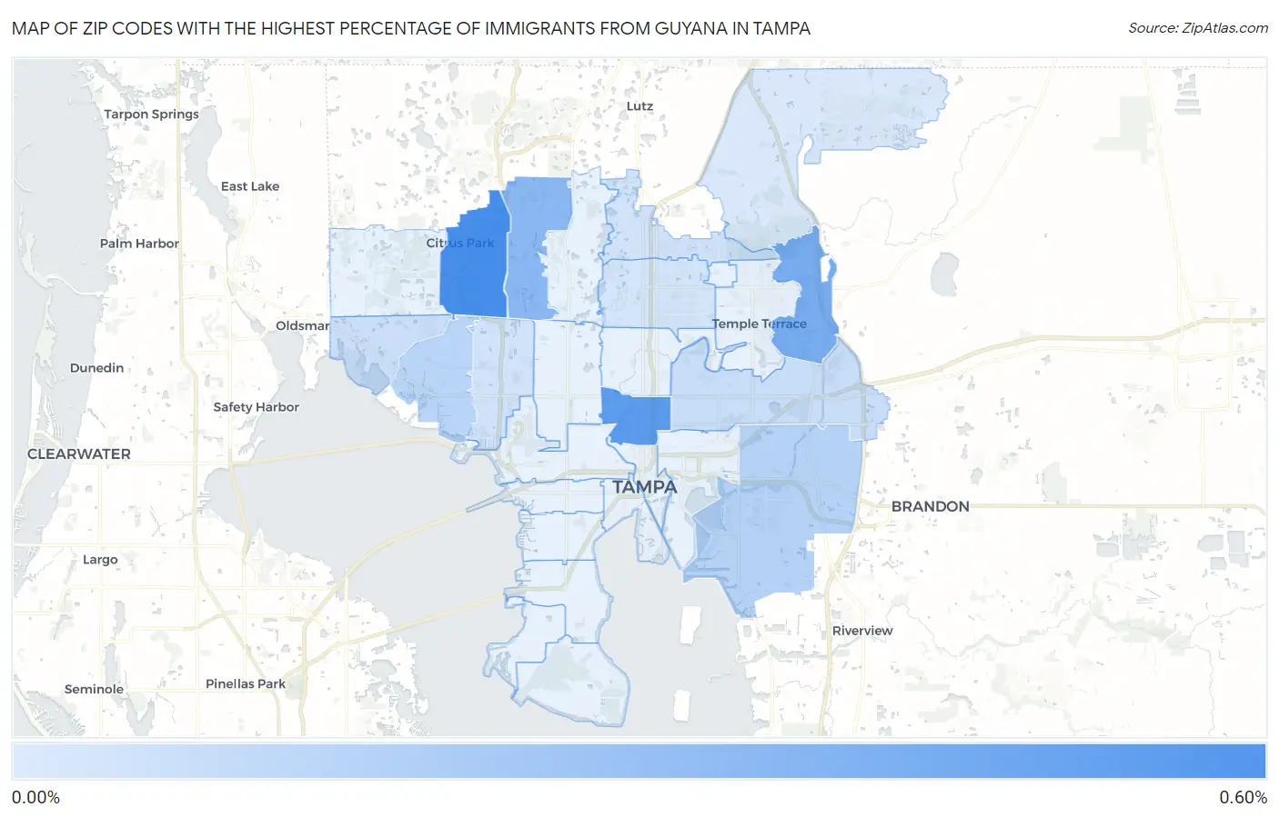 Zip Codes with the Highest Percentage of Immigrants from Guyana in Tampa Map
