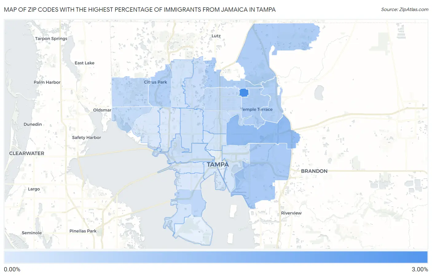Zip Codes with the Highest Percentage of Immigrants from Jamaica in Tampa Map