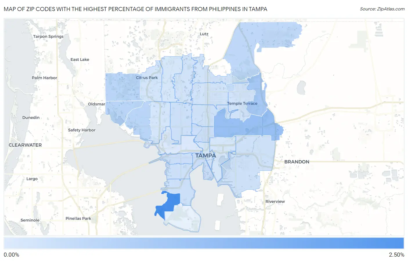 Zip Codes with the Highest Percentage of Immigrants from Philippines in Tampa Map