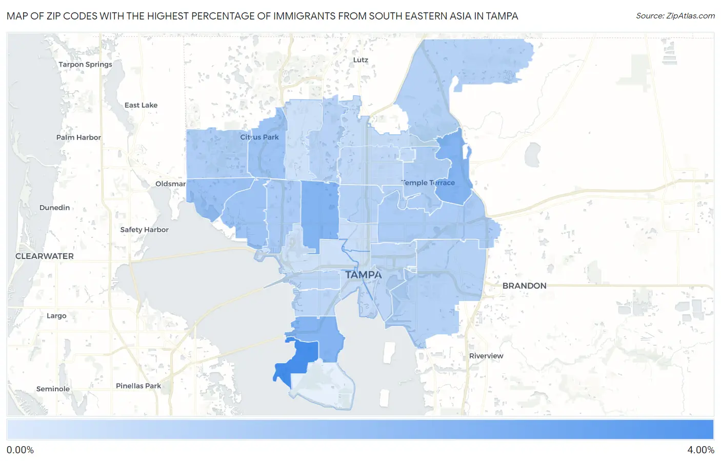 Zip Codes with the Highest Percentage of Immigrants from South Eastern Asia in Tampa Map