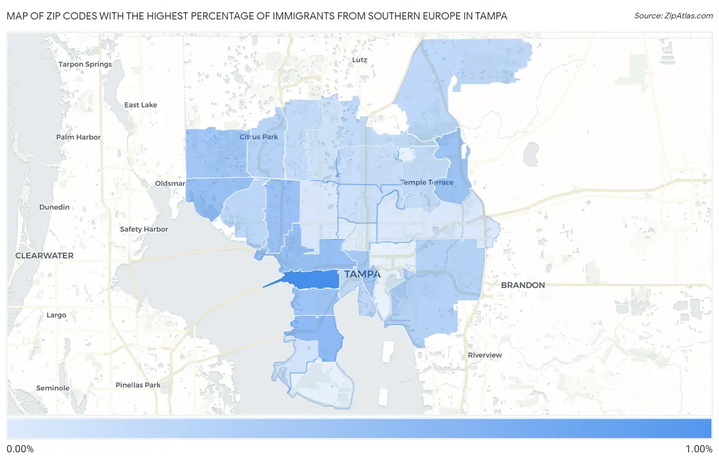 Zip Codes with the Highest Percentage of Immigrants from Southern Europe in Tampa Map