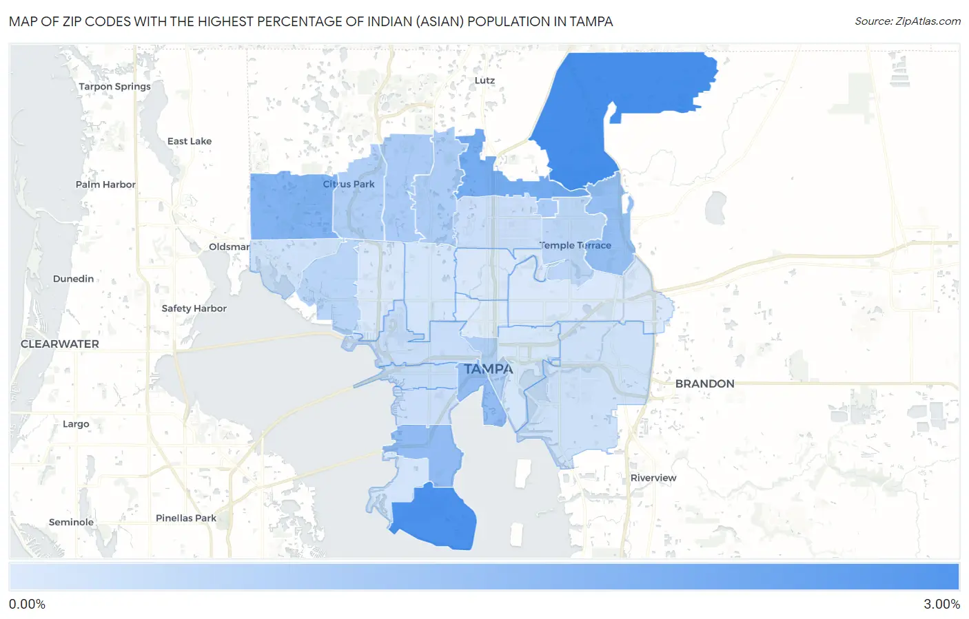 Zip Codes with the Highest Percentage of Indian (Asian) Population in Tampa Map