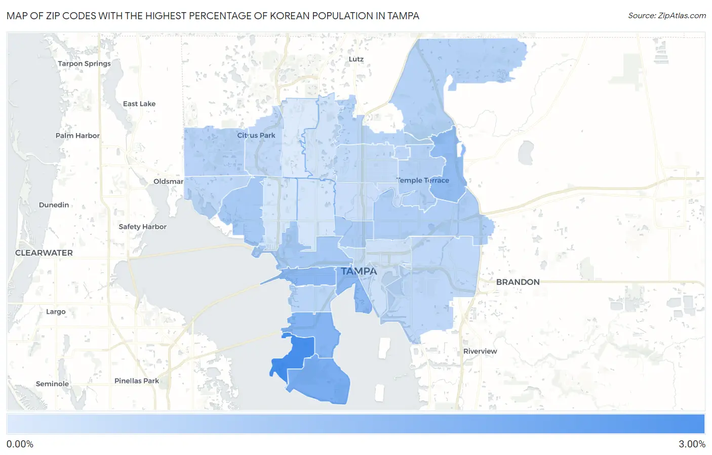 Zip Codes with the Highest Percentage of Korean Population in Tampa Map