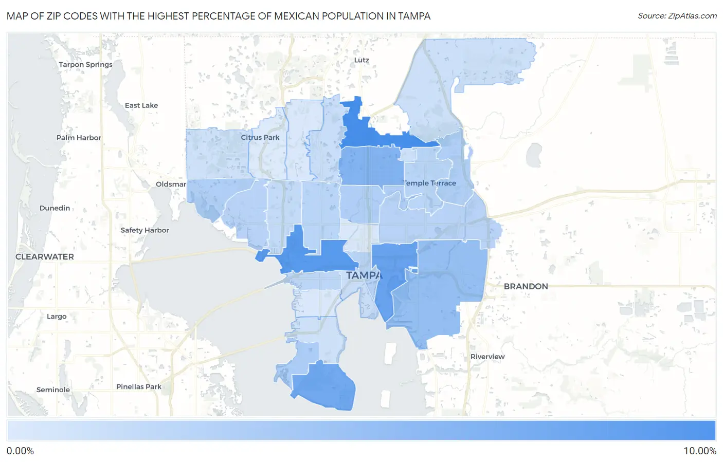 Zip Codes with the Highest Percentage of Mexican Population in Tampa Map