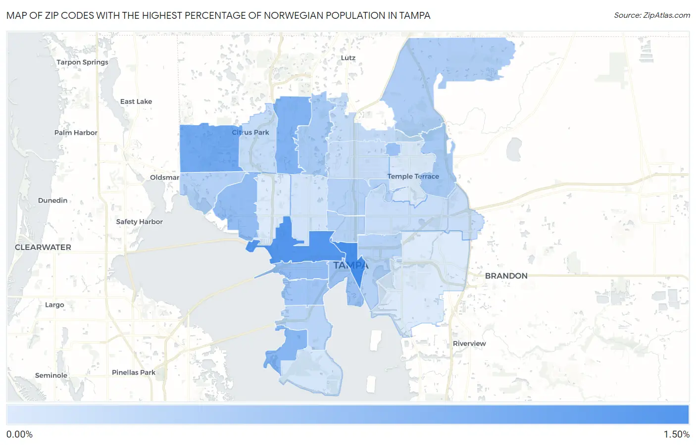Zip Codes with the Highest Percentage of Norwegian Population in Tampa Map