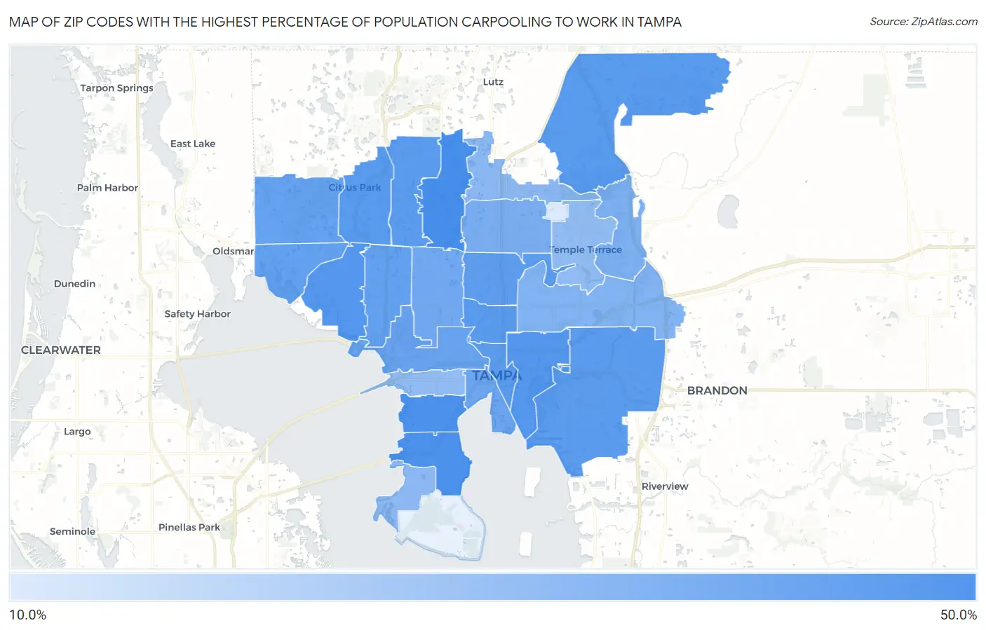 Zip Codes with the Highest Percentage of Population Carpooling to Work in Tampa Map
