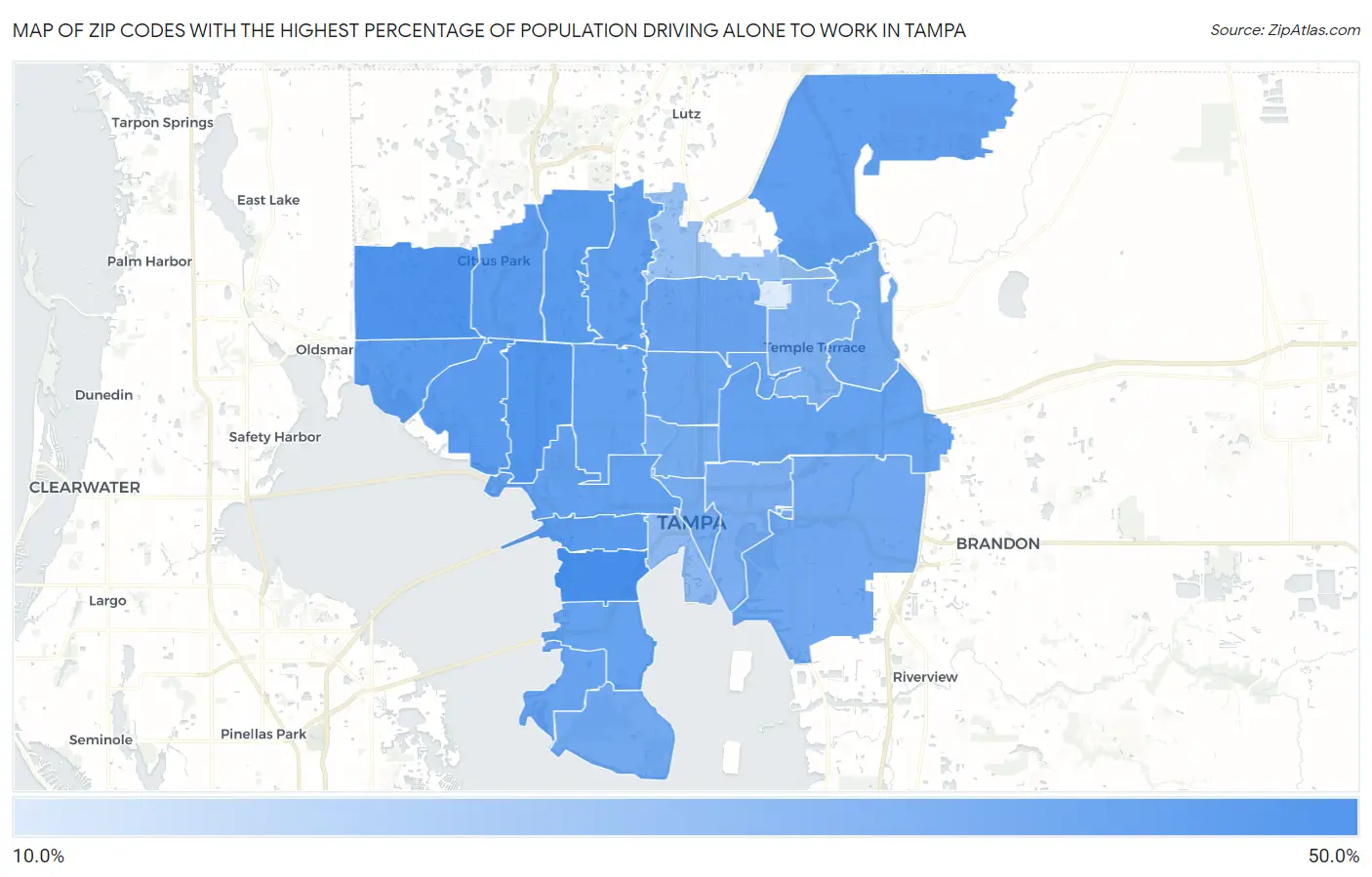 Zip Codes with the Highest Percentage of Population Driving Alone to Work in Tampa Map