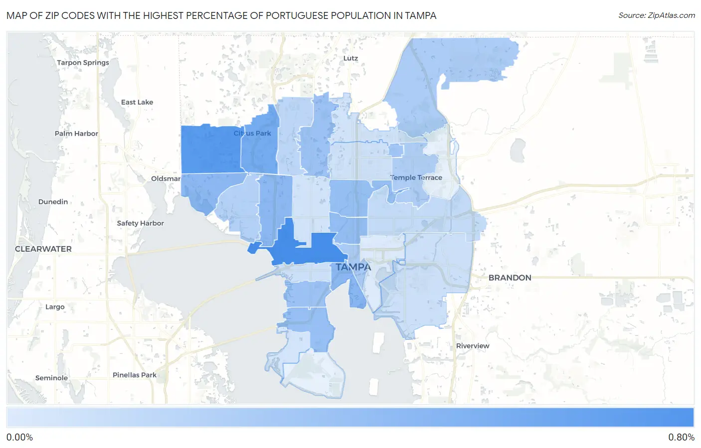 Zip Codes with the Highest Percentage of Portuguese Population in Tampa Map