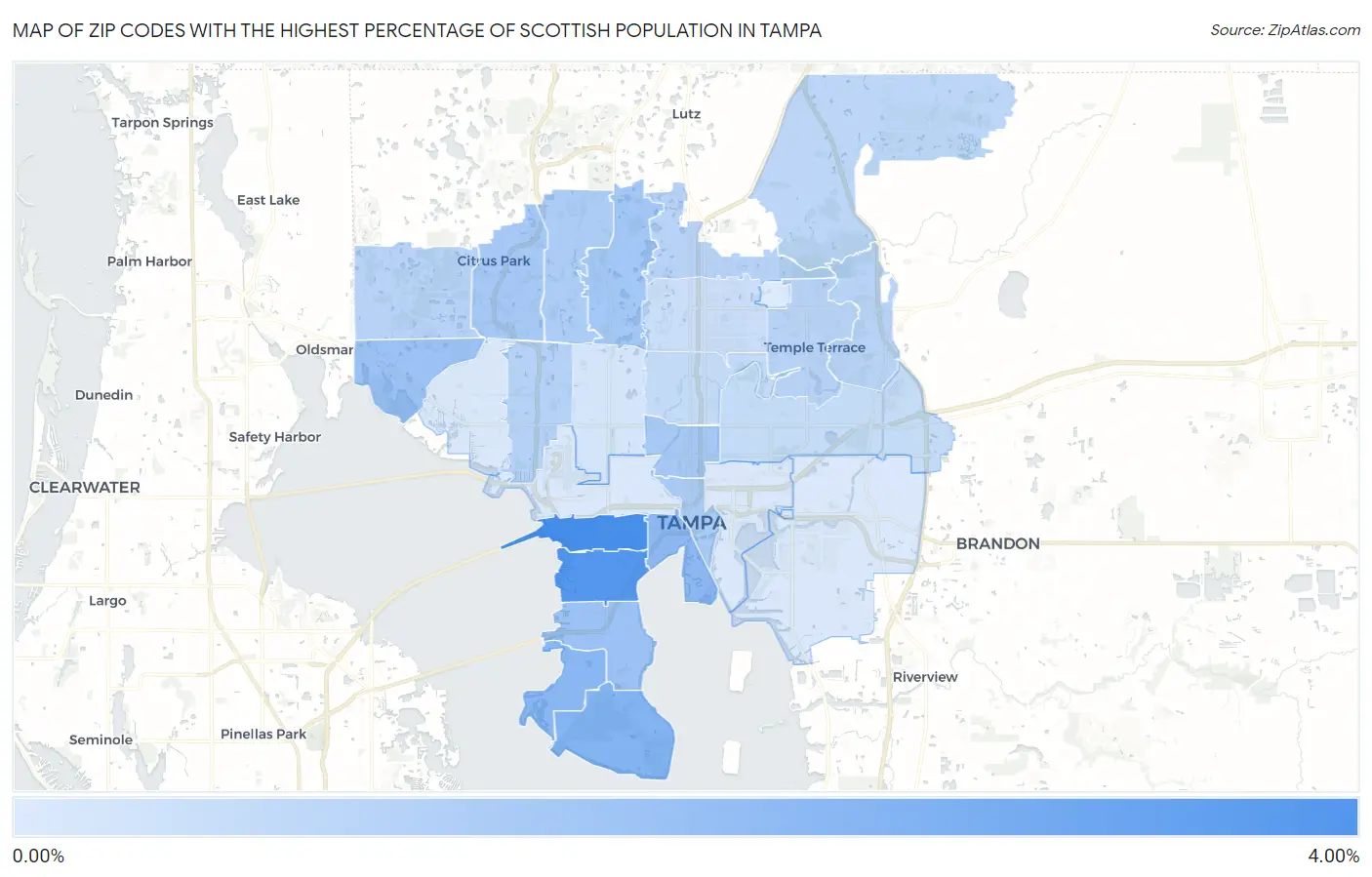 Zip Codes with the Highest Percentage of Scottish Population in Tampa Map