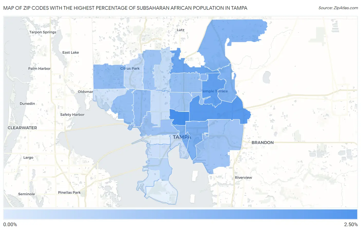 Zip Codes with the Highest Percentage of Subsaharan African Population in Tampa Map