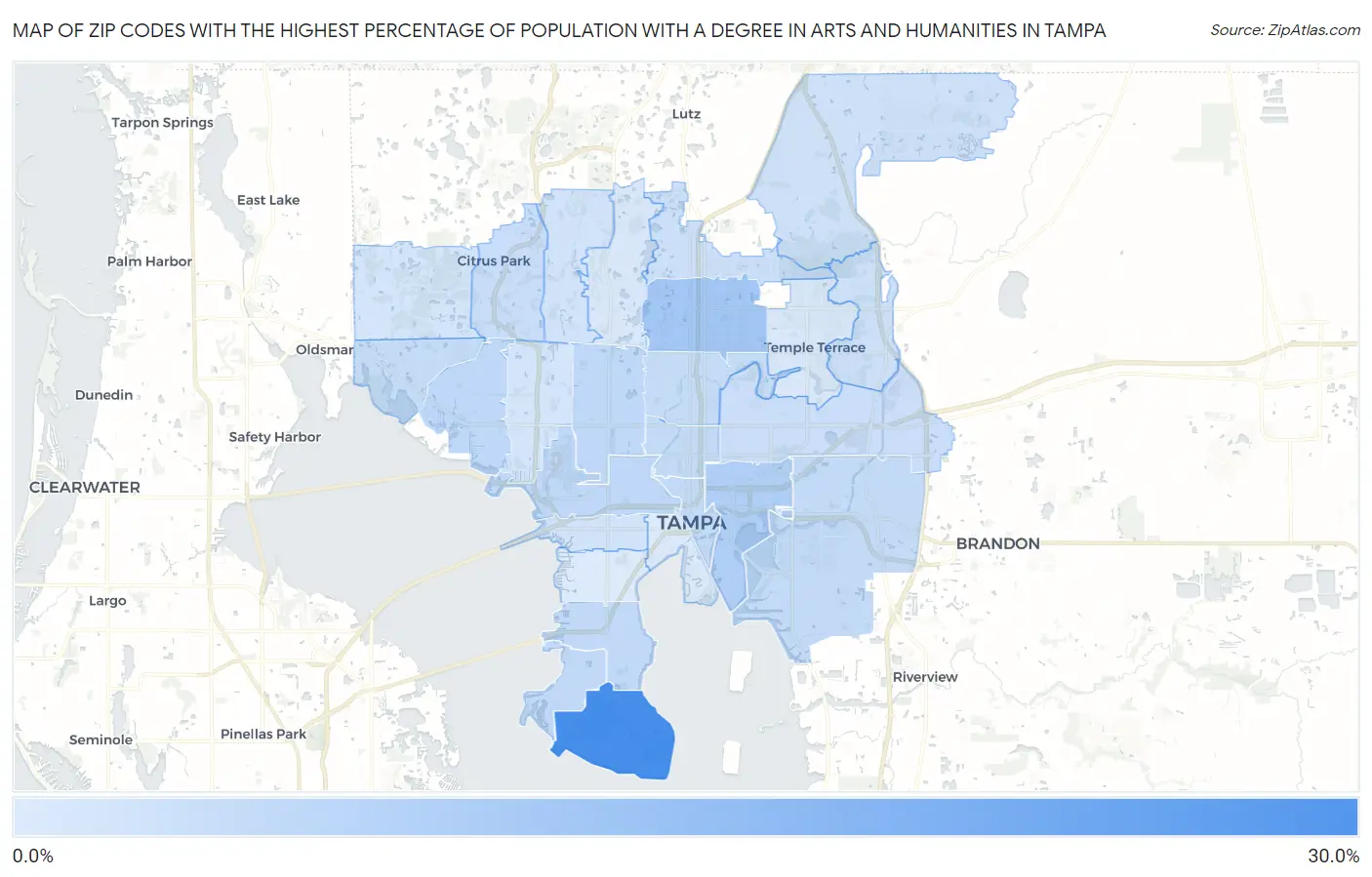 Zip Codes with the Highest Percentage of Population with a Degree in Arts and Humanities in Tampa Map