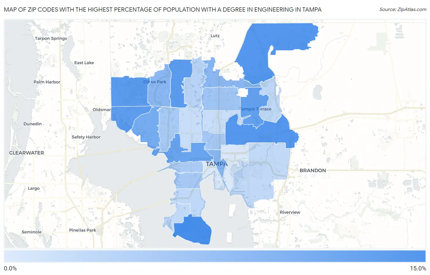 Zip Codes with the Highest Percentage of Population with a Degree in Engineering in Tampa Map
