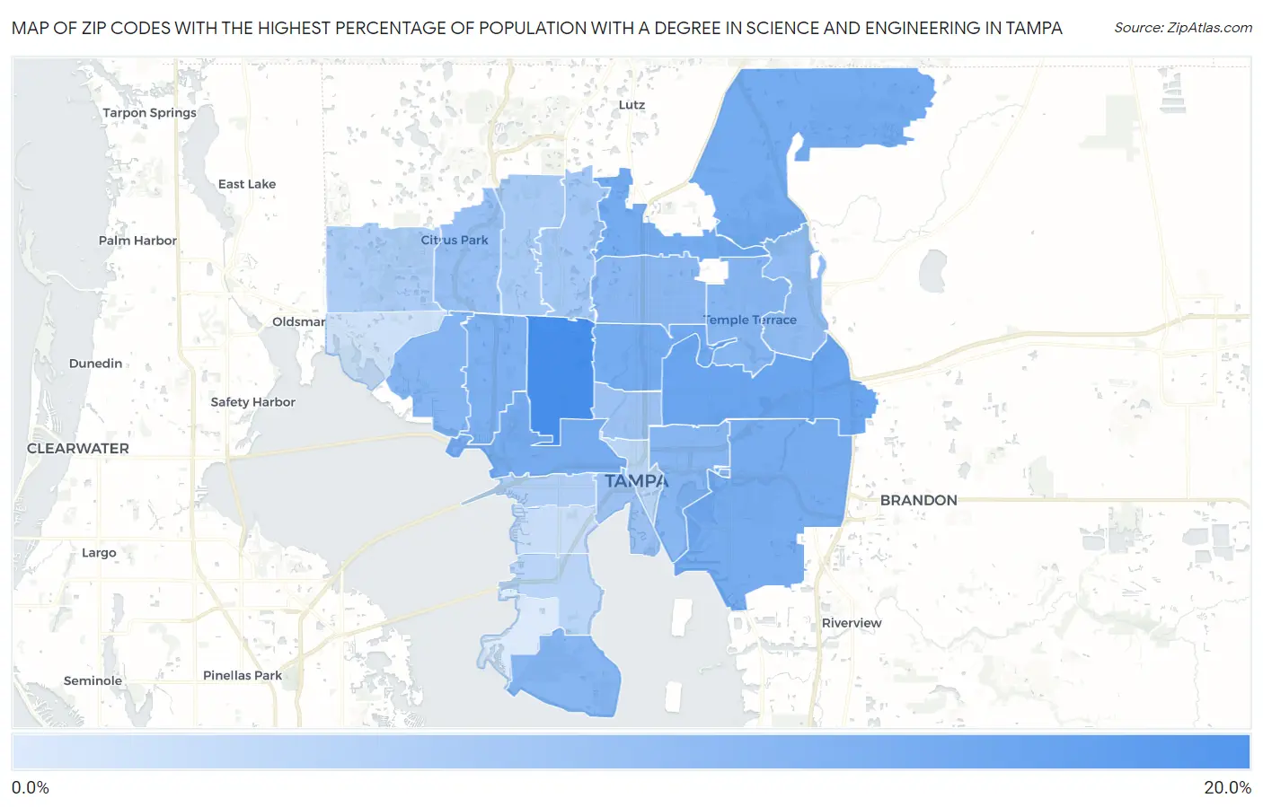 Zip Codes with the Highest Percentage of Population with a Degree in Science and Engineering in Tampa Map