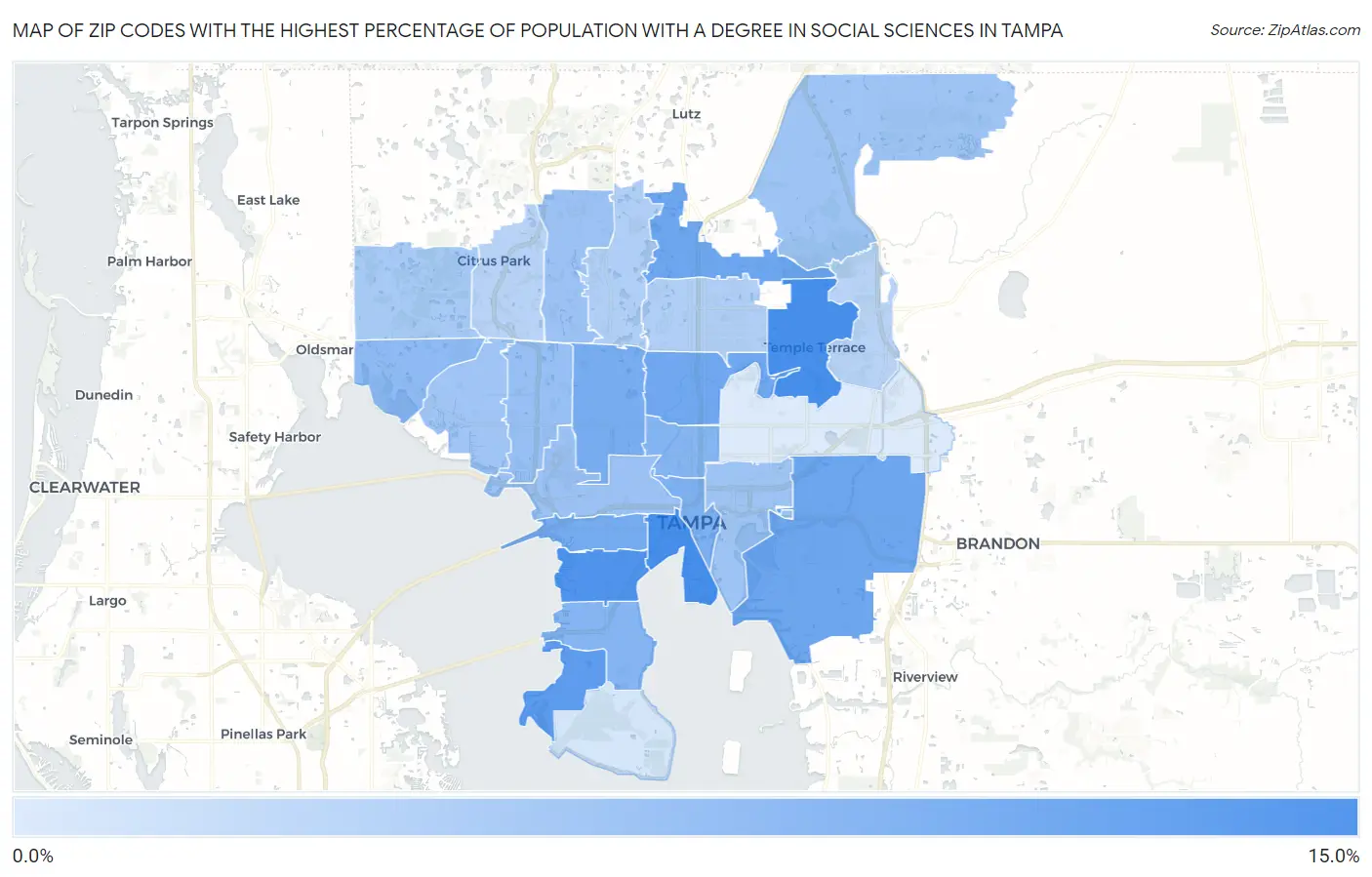 Zip Codes with the Highest Percentage of Population with a Degree in Social Sciences in Tampa Map