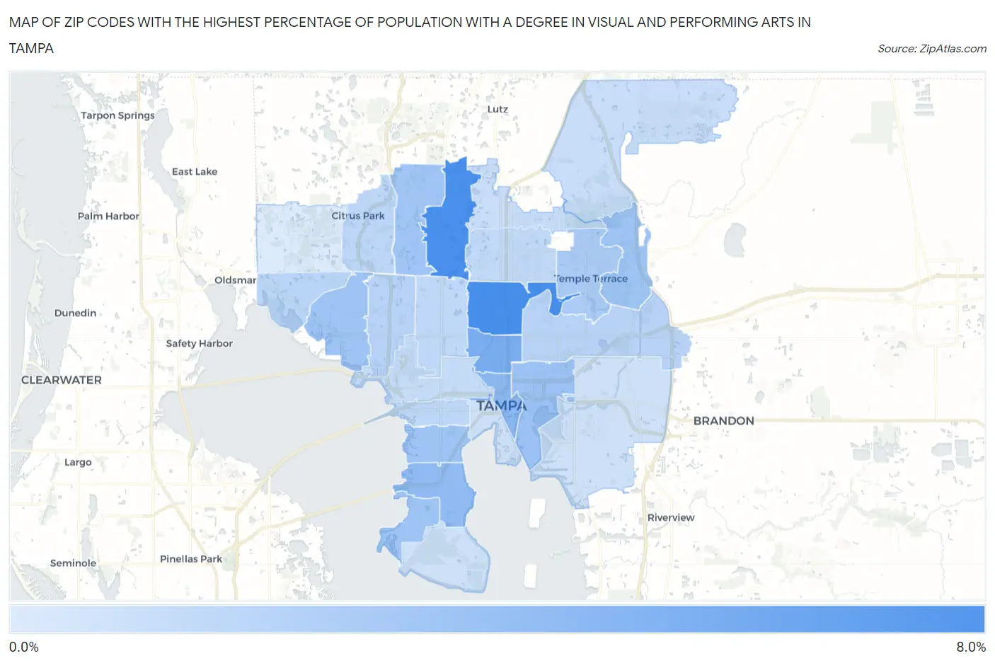 Zip Codes with the Highest Percentage of Population with a Degree in Visual and Performing Arts in Tampa Map