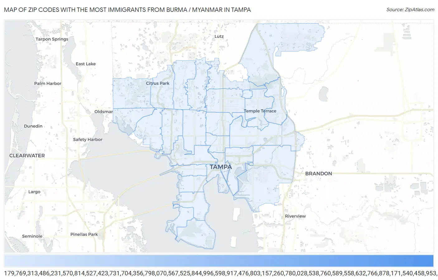 Zip Codes with the Most Immigrants from Burma / Myanmar in Tampa Map