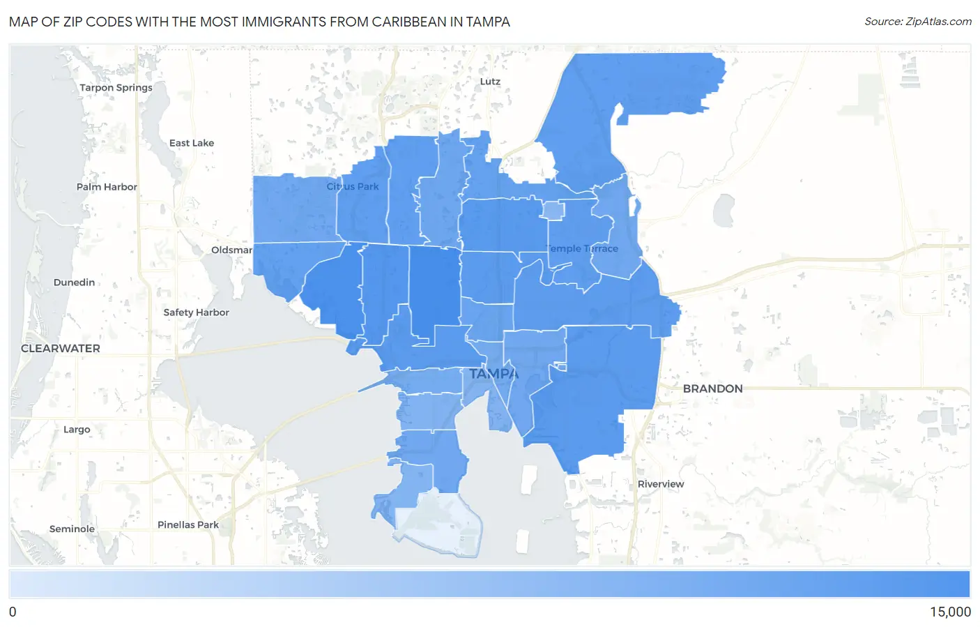 Zip Codes with the Most Immigrants from Caribbean in Tampa Map