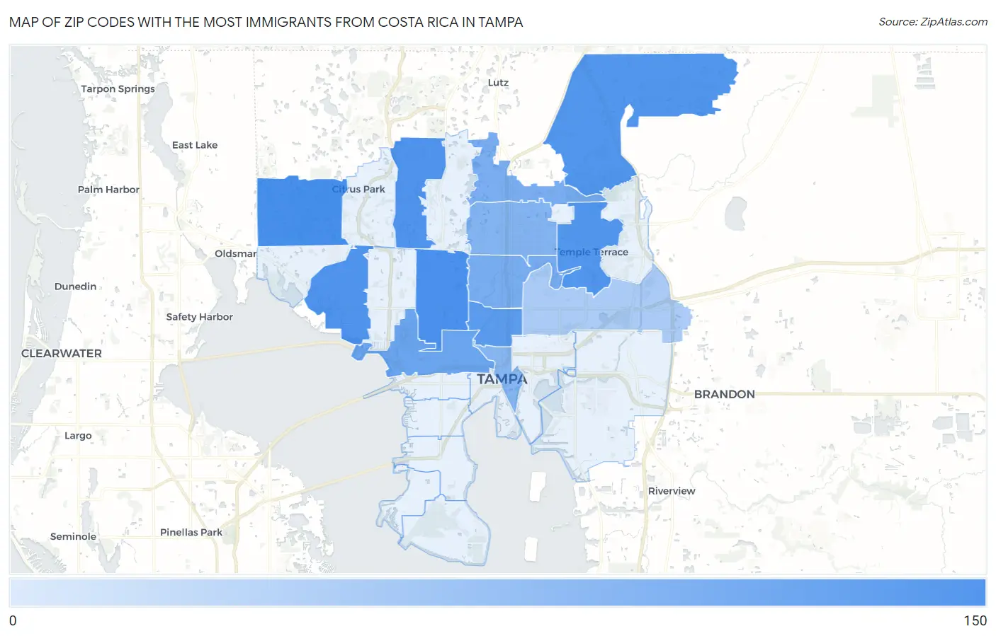 Zip Codes with the Most Immigrants from Costa Rica in Tampa Map