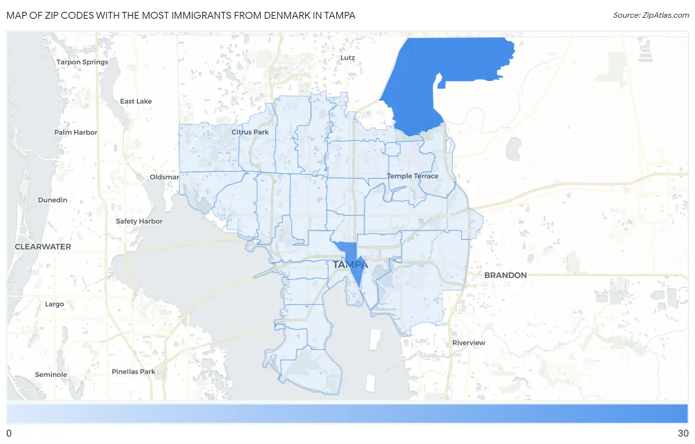 Zip Codes with the Most Immigrants from Denmark in Tampa Map
