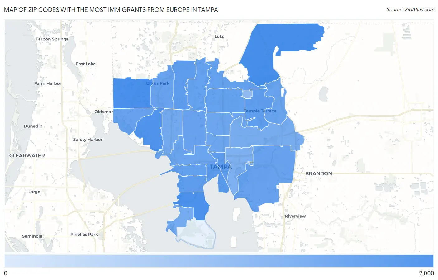 Zip Codes with the Most Immigrants from Europe in Tampa Map