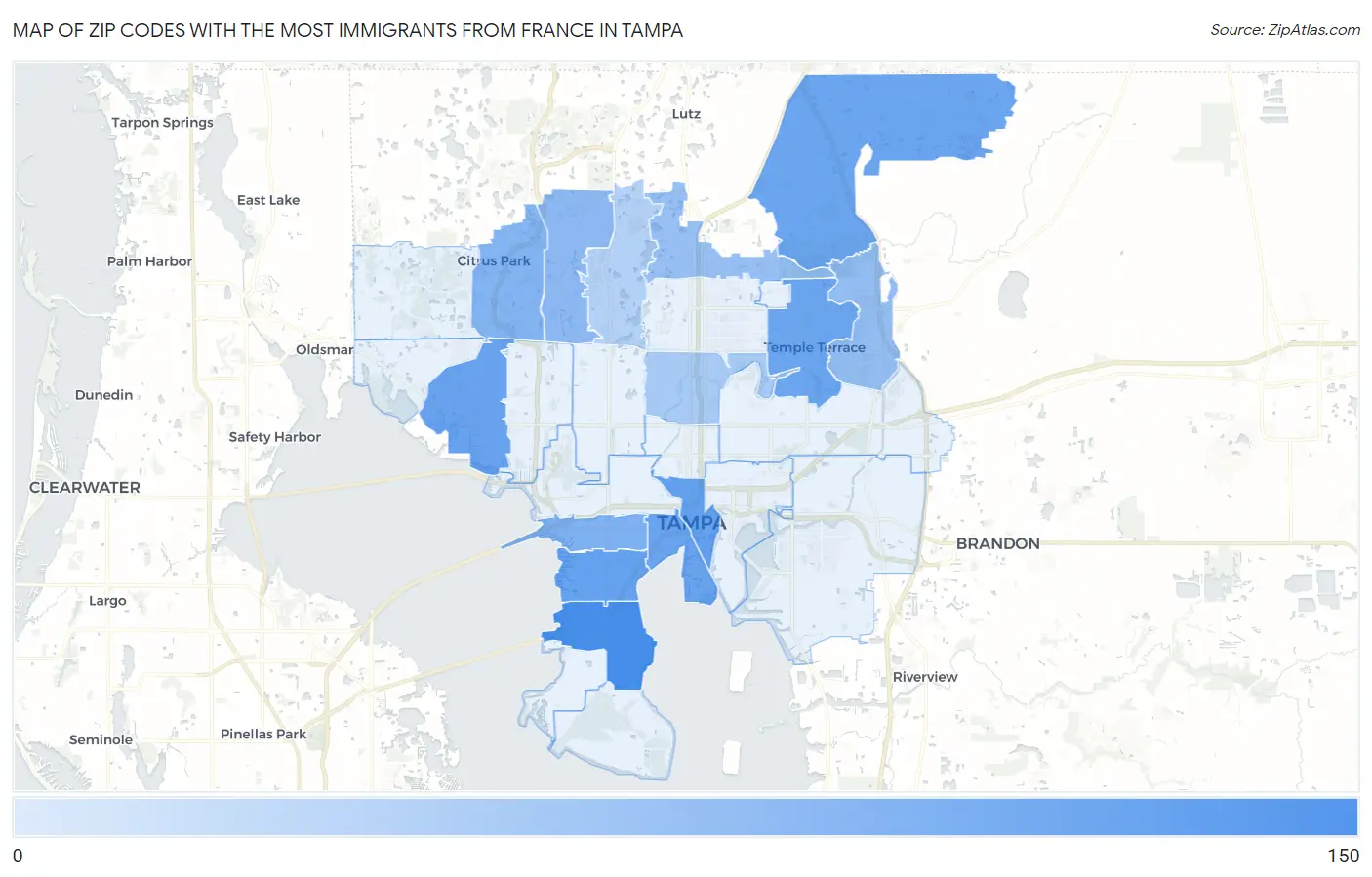 Zip Codes with the Most Immigrants from France in Tampa Map