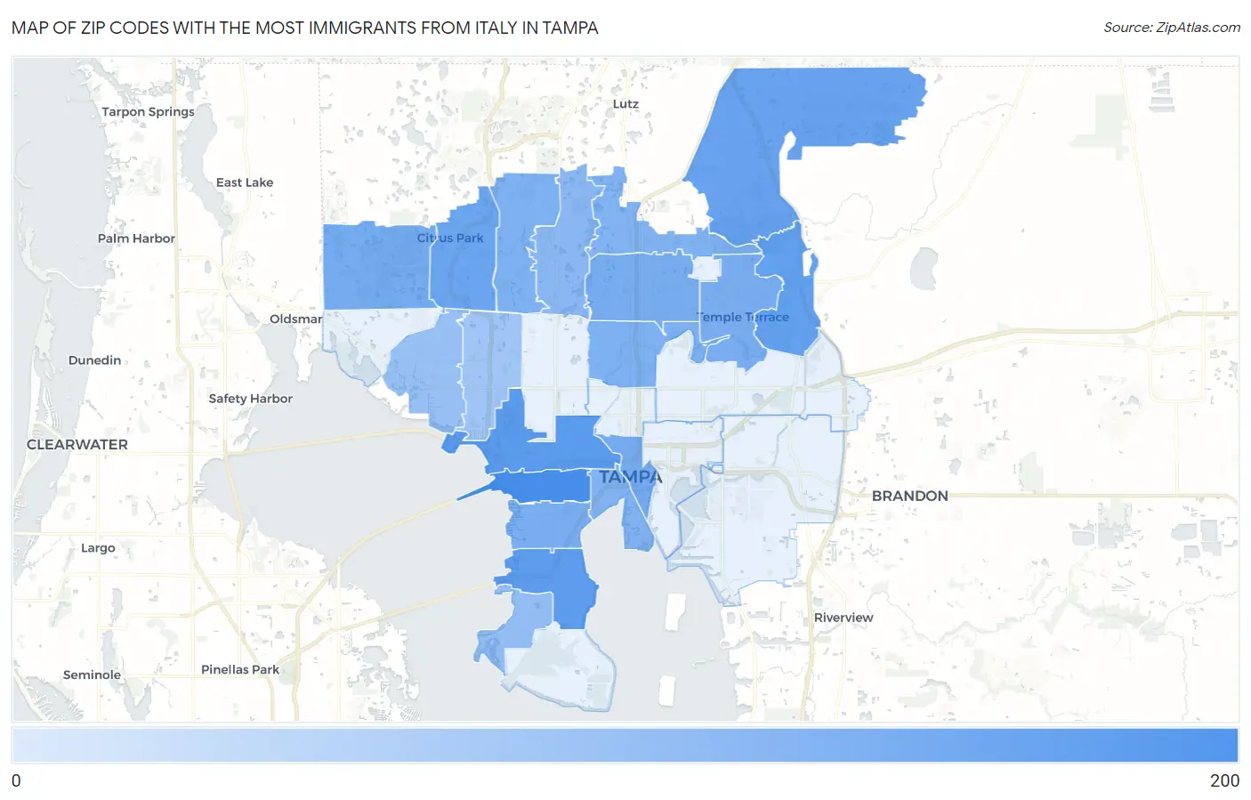 Zip Codes with the Most Immigrants from Italy in Tampa Map
