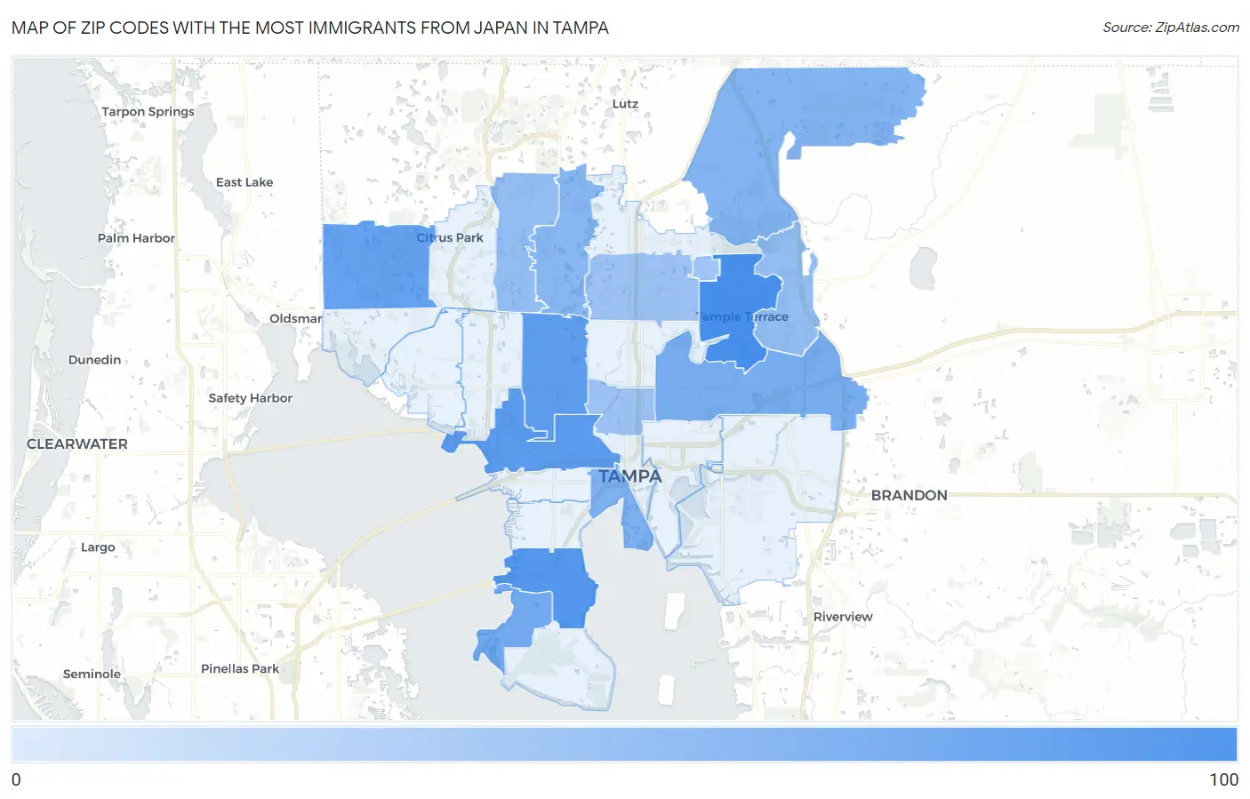 Zip Codes with the Most Immigrants from Japan in Tampa Map