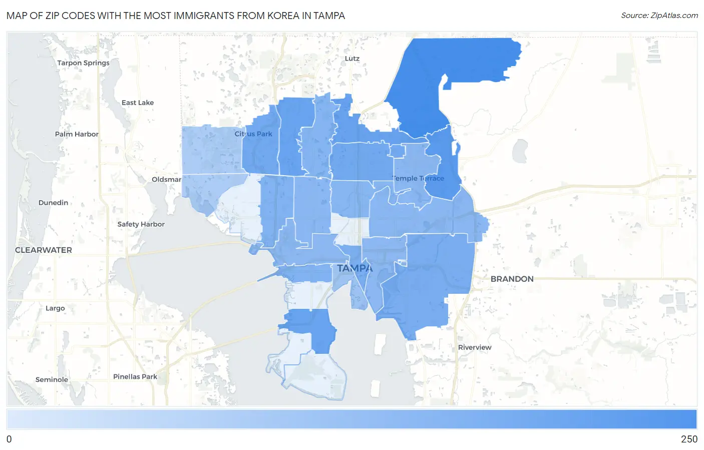 Zip Codes with the Most Immigrants from Korea in Tampa Map