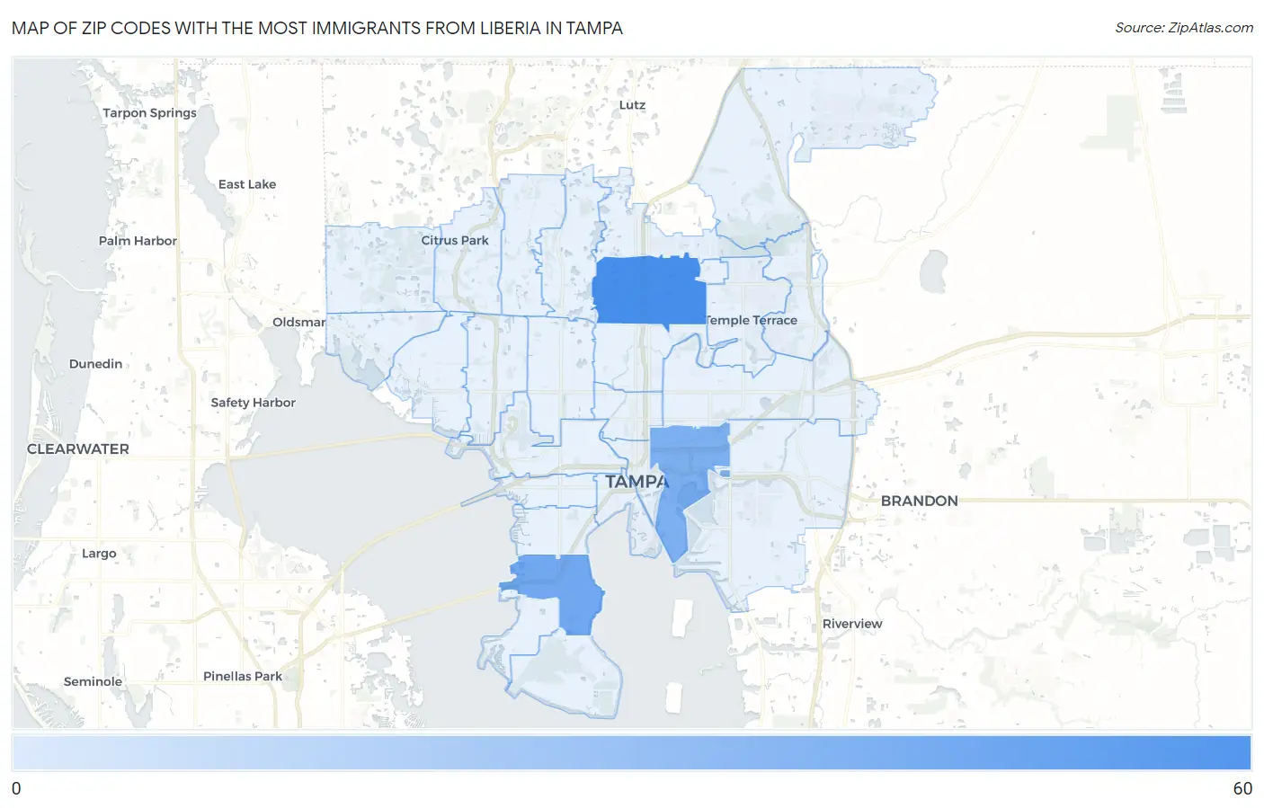Zip Codes with the Most Immigrants from Liberia in Tampa Map