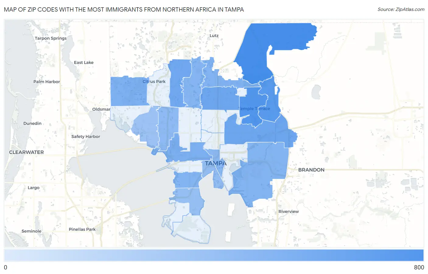 Zip Codes with the Most Immigrants from Northern Africa in Tampa Map