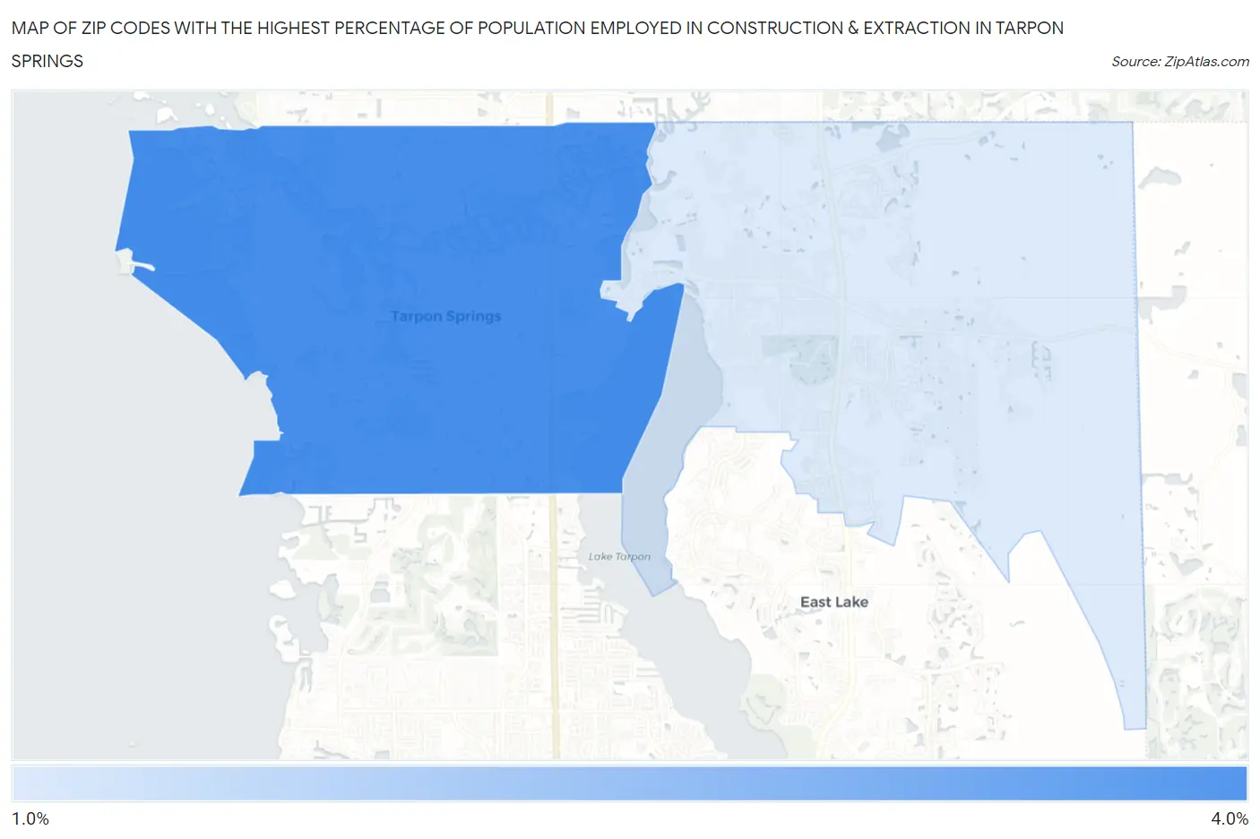 Zip Codes with the Highest Percentage of Population Employed in Construction & Extraction in Tarpon Springs Map