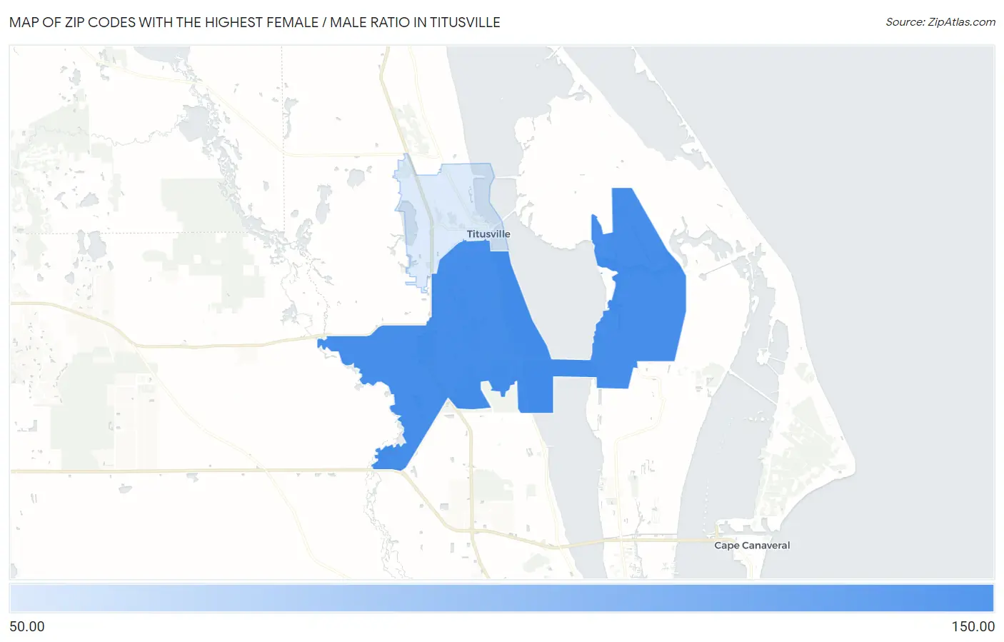 Zip Codes with the Highest Female / Male Ratio in Titusville Map