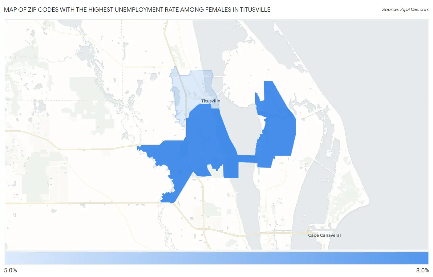 Zip Codes with the Highest Unemployment Rate Among Females in Titusville Map